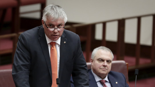 Rex Patrick, pictured with fellow Centre Alliance senator, Stirling Griff, could hold a crucial vote on religious discrimination.