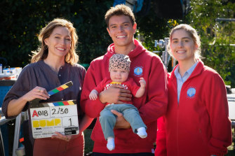 Bump’s co-creator and star Claudia Karvan with Carlos Sanson jnr on the set of Bump, whose second season will premiere soon. 