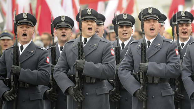 Polish Army soldiers during Independence Day celebrations on Sunday.