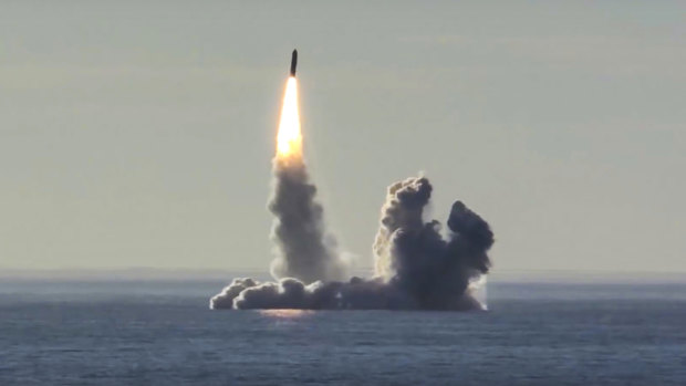The Russian nuclear submarine Yuri Dolgoruky test-fires the Bulava missiles from the White Sea in 2018. 