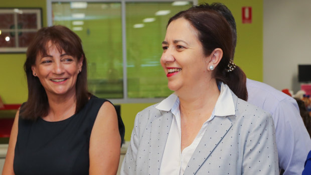 Queensland Premier Annastacia Palaszczuk (right) with Townsville Mayor Jenny Hill (left) at Wulguru State School in 2019.