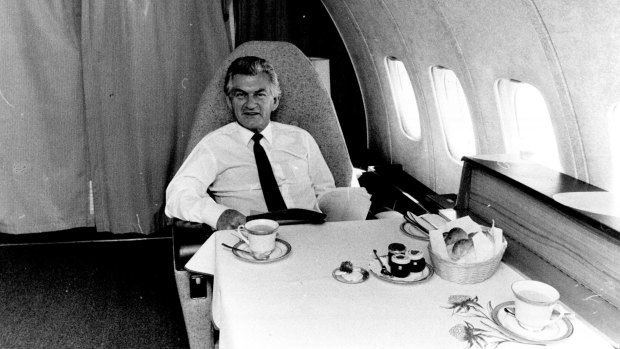 Bob Hawke in the VIP section of the BAC-111.