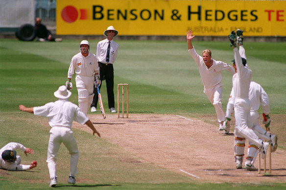 Shane Warne’s hat-trick at the MCG, 1994. David Boon takes a screamer to dismiss Devon Malcolm.