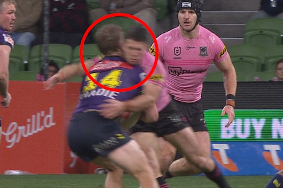 Penrith’s Jack Cogger is facing a three-week suspension for this tackle on Thursday night.