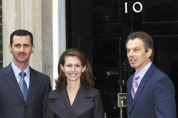  Bashar al-Assad and his wife Asma are greeted by Britain’s then-prime minister Tony Blair outside 10 Downing Street in 2002.