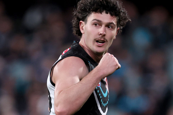 Darcy Byrne-Jones celebrates a goal.