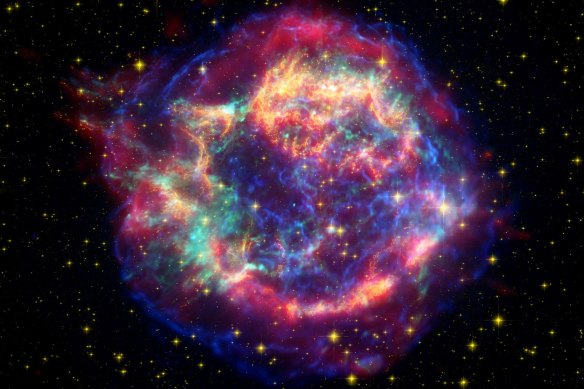 The remnants of supernova Cassiopeia A. Supernovas brighten over a scale of weeks, unlike the rapid flashes of the Tasmanian devil.