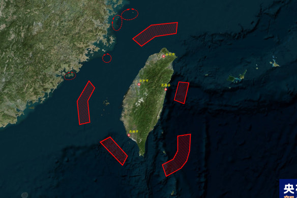 The People’s Liberation Army of China released a map highlighting the areas of operation around Taiwan.