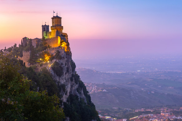 The Republic of San Marino’s Monte Titano at dusk.