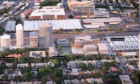 The government’s draft plans include several towers, and a commercial development on top of the heritage Paint Shop building next to Carriageworks.