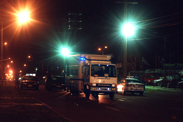 The scene in Cochranes Road, Moorabbin, in 1998 after the two officers were killed.