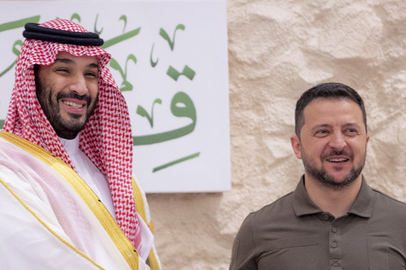 Saudi Crown Prince Mohammed bin Salman greets Ukraine’s President Volodymyr Zelensky during the Arab summit.