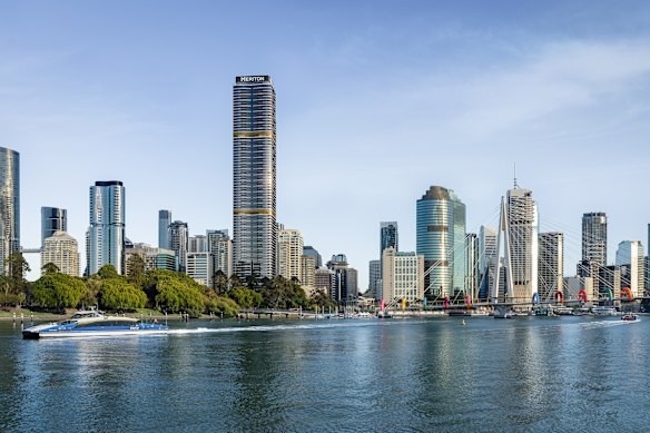 An artist impression shared with this masthead on Thursday showing the Alice Street Meriton building, which will be among the tallest buildings in Brisbane when completed at the end of this decade. The other building will slightly shorter and directly behind it, fronting Margaret Street. 