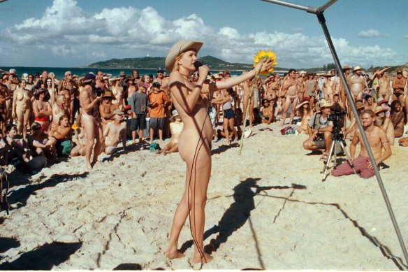 Leading by example: Nolan at the protest against on-the-spot fines for nude sunbathing in Byron Bay, in 1997.