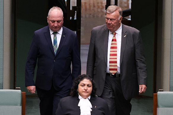 One Nation MP Barnaby Joyce enters the House of Representatives with David Farley, the party’s newest recruit. 