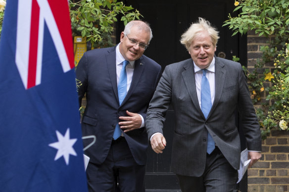 Prime Minister Scott Morrison and British Prime Minister Boris Johnson in the garden of 10 Downing Street in June.