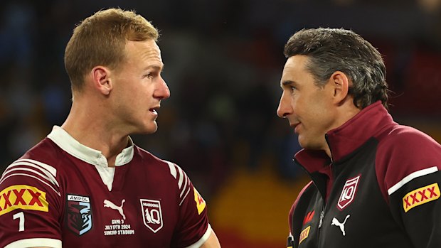 Maroons coach Billy Slater (right) has a hard decision to make about Maroons captain Daly Cherry-Evans (left).