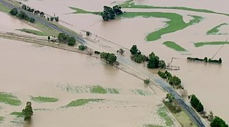 Aerial stills show floodwaters in the town of Yallourn.