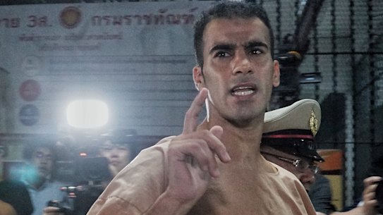 Hakeem al-Araibi arrives at a Thai court for his extradition hearing on Monday.