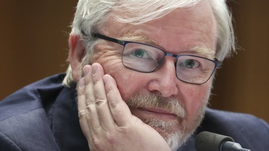 Former Prime Minister Kevin Rudd during a Senate hearing on media diversity in Australia, at Parliament House in Canberra on  Friday 19 February 2021.