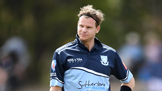 Sutherland batsman Steve Smith at the crease during a match against Mosman at Glenn McGrath Oval in Sydney, Saturday, September 22, 2018. (AAP Image/Joel Carrett) NO ARCHIVING .