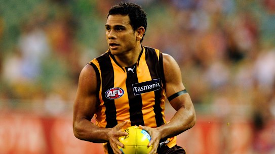 Cyril Rioli in full flight for the Hawks in 2012.