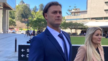 MAFS 2021 participant Chris Jensen leaves Brisbane Supreme Court with his fiance, Taylor, who he met after the reality TV show.