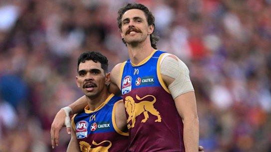Star Brisbane Lions forwards Joe Daniher (right) and Charlie Cameron.