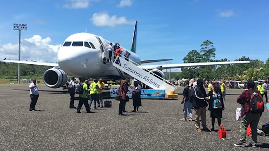 The Airbus A320 on the tarmac in Munda, Solomon Islands. Solomon Airlines' inaugural Brisbane-Munda-Honiara service flew on Saturday, March 30, 2019. 