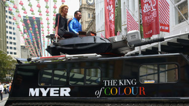 Napoleon Perdis atop his army tank launching into Myer in 2013.