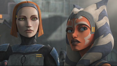 Bo-Katan (voiced by Katee Sackhoff) and Jedi knight Ahsoka Tano (voiced by Ashley Eckstein) in Star Wars: The Clone Wars.
