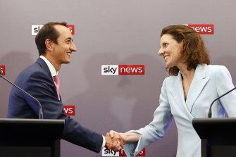 Liberal MP Dave Sharma and independent rival Allegra Spender shake hands at this week’s debate in the seat of Wentworth.