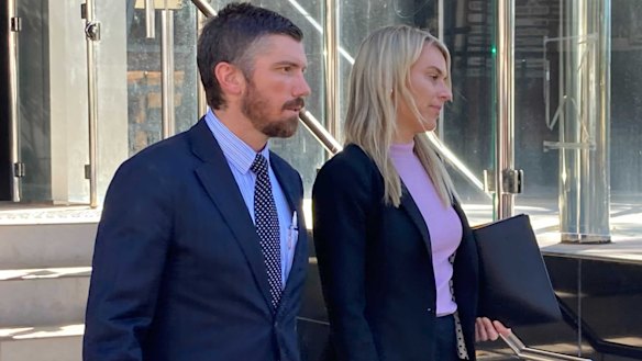 Lawyer David Funch (left) leaves the Toowoomba Magistrates Court on Wednesday afternoon.