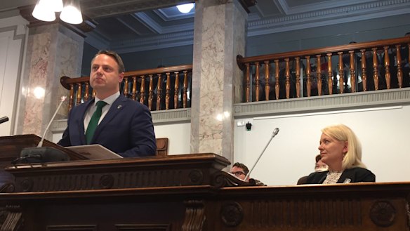Brisbane’s new Lord Mayor Adrian Schrinner makes his first speech with new deputy mayor Krista Adams watching on.
