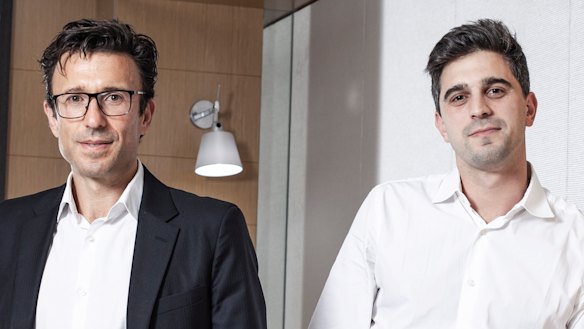 Afterpay founders Anthony Eisen and Nick Molnar watch as competitors scramble for minor placings.