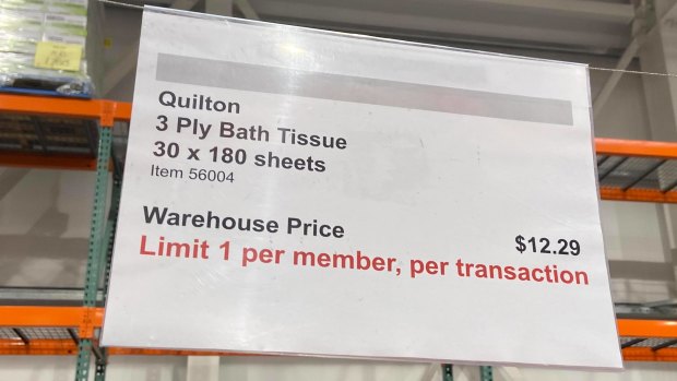 A sign at Costco Marsden Park limited Quilton bath tissue to one per customer. 