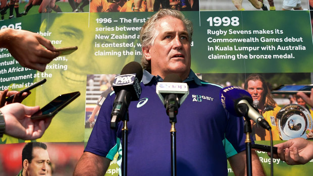 New boss: Australia's director of rugby, Scott Johnson, addresses the media on Friday in Sydney. 