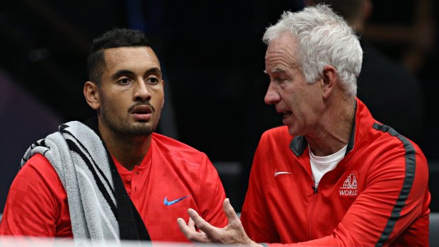 "He's a great kid": McEnroe talking to Kyrgios during the Laver Cup in 2017.
