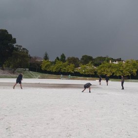 Hail covers Buchanan Oval, Stanmore, on Wednesday afternoon.