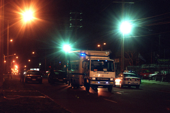 The scene in Cochranes Road, Moorabbin, in 1998 after the two officers were killed.