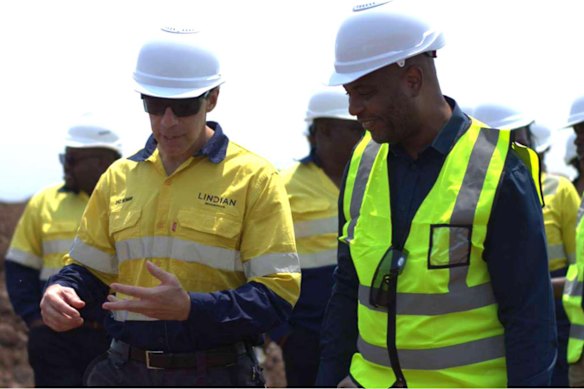 Lindian Resources executive director Zac Komur with the Honourable Minister of Mining, Thoko Tembo, during a Kangankunde site tour on 23 September 2026.