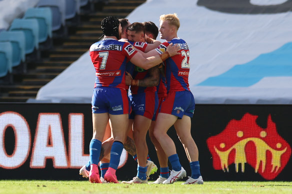 The Knights celebrate their first points of the match.