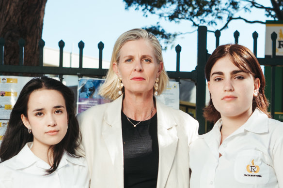 Randwick Girls’ High School students Keira McNeill (left) and Amy Simmonds with former 1992 captain Sandi Kolbe; a petition has been started to reverse the decision to merge it with Randwick Boys’ High School, on the grounds it will benefit boys’ education at the expense of girls’.