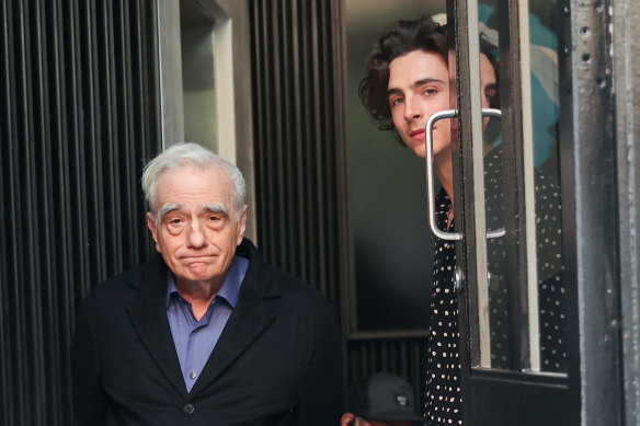 Timothee Chalamet and Martin Scorsese during filming of their 90-second Chanel ad.