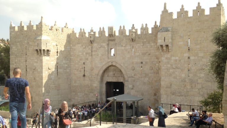 The Damascus Gate entrance to Jerusalem's Old City. The grey metal structure right of the gate is an Israeli police post. 