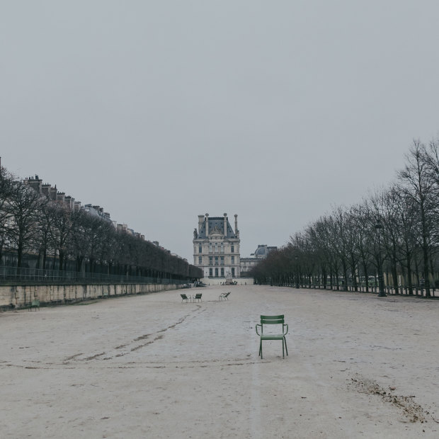 An empty Tuileries Park in Paris.