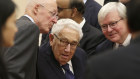 Kevin Rudd with former US secretary of state Henry Kissinger, a fellow member of a delegation from the 2019 New Economy Forum, before they meet Chinese President Xi Jinping in Beijing last week.
