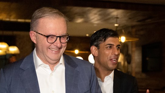 Australian Prime Minister Anthony Albanese and Prime Minister of the United Kingdom Rishi Sunak meet at the Lionfish restaurant ahead of their bilateral meeting and supper, in San Diego.