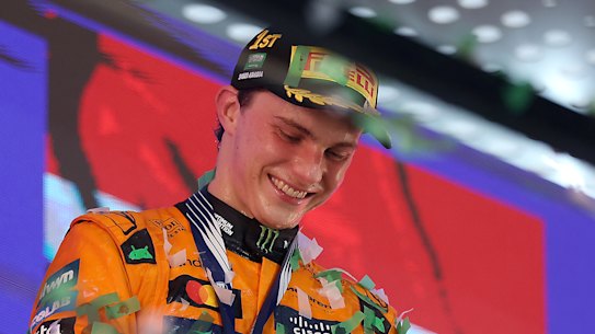 JEDDAH, SAUDI ARABIA - APRIL 20: Race winner Oscar Piastri of Australia and McLaren celebrates on the podium during the F1 Grand Prix of Saudi Arabia at Jeddah Corniche Circuit on April 20, 2025 in Jeddah, Saudi Arabia. (Photo by Alex Pantling/Getty Images)