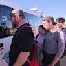 Tourists leave Exmouth via bus to drive almost six hours to Karratha, where they will be flown back to Perth. Picture: 9News Perth